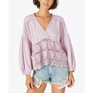 Lucky Brand Cotton Crochet Top lilac blouse shirt size S